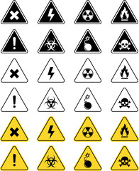 Set of Danger Warning Symbols Hazard Icons, Safety Signs, electrical, radiation, biohazard, explosive, fire, and general danger