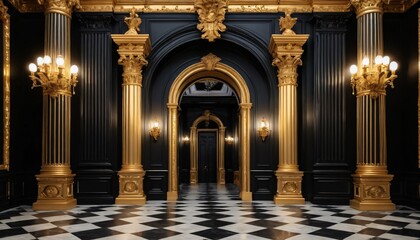 Opulent Black and Gold Palace Interior: A Grand Hallway. Generative AI