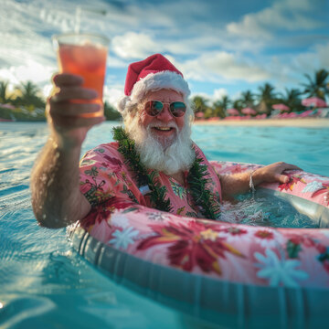 Santa Claus in a Hawaiian shirt and pink Christmas hat, on a whimsical float on calm turquoise water in pool, raising a brightly colored cocktail.