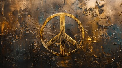 Fototapeta premium A golden peace sign on a textured dark background.