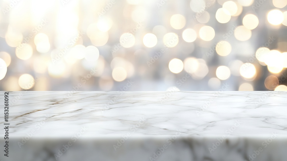 Poster empty white marble tabletop with blurred abstract bokeh light background – ideal for product display