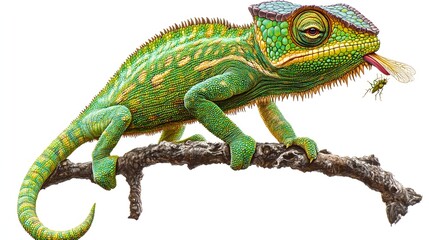 Obraz premium A Vibrant Chameleon Catches a Fly on a Branch