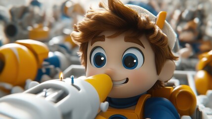 Cute cartoon boy blows out candle on futuristic device.