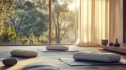 A serene meditation room with yoga mats and meditation cushions arranged neatly, Soft natural light creating a peaceful ambiance, Mindfulness room style