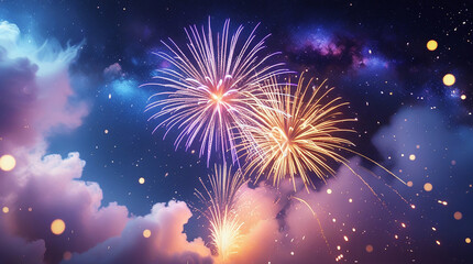 Fireworks with blur milky way background
