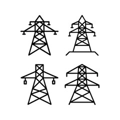 Four Vector Illustrations of Power Transmission Towers. Electric tower icon, Electric tower logo, Power transmission, High voltage, Electrical grid, Transmission line on white background vector.