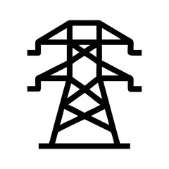 Simple black line art illustration of a power pylon. Electric tower icon, Electric tower logo, Power transmission, High voltage, Electrical grid, Transmission line on white background vector.