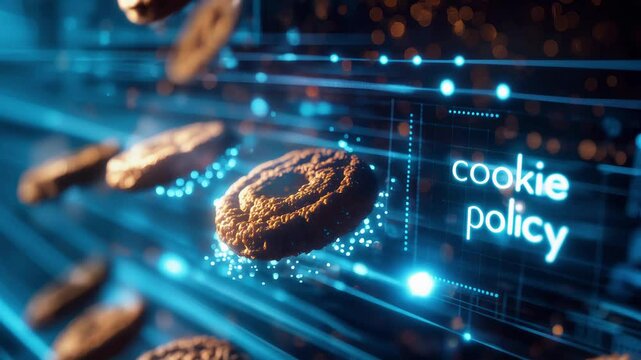 Cookie policy sign on a blue data background with flying and rotating cookies. Concept of data protection and online privacy regulations