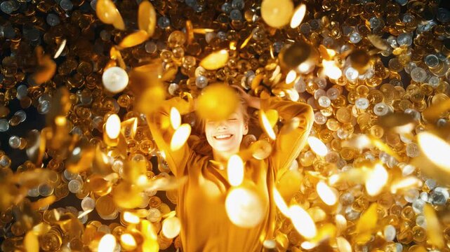 Happy young smiling woman lying on pile of Bitcoin crypto, golden coins falling from above in slow motion. Concept of cryptocurrency investing success and financial independence for women.