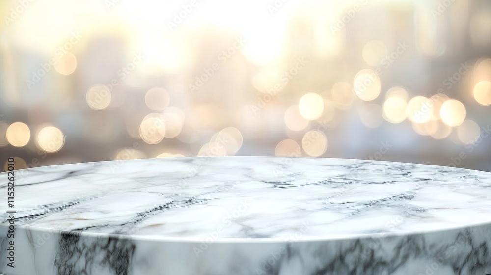 Poster empty white marble tabletop with blurred abstract bokeh light background – ideal for product display