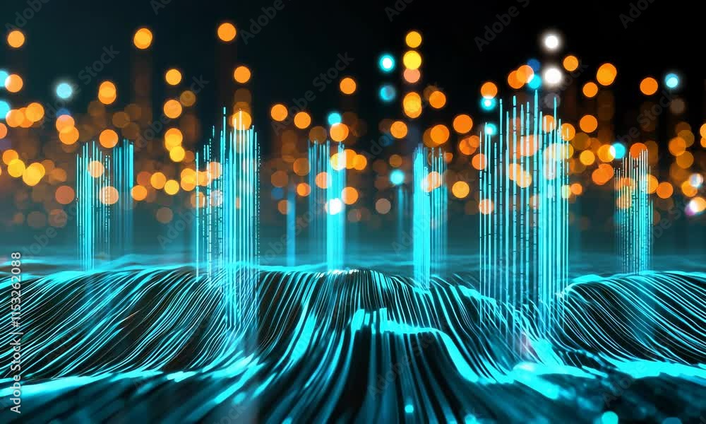 Poster a digital abstract representation of sound waves with glowing blue lines and bright bokeh lights in 