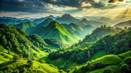 Obraz premium Verdant peaks and rolling hills create a majestic summer landscape; ideal for hiking and scenic nature photography.
