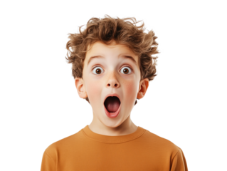 A Young Boy's Shocked and Excited Expression Captured Against a Crisp, White Background