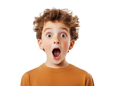 Naklejki A Young Boy's Shocked and Excited Expression Captured Against a Crisp, White Background