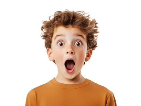 A Young Boy's Shocked and Excited Expression Captured Against a Crisp, White Background