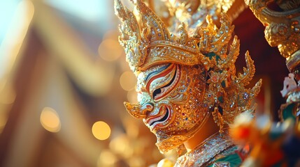 Low-angle shot of a Thai dancers intricate costume during a traditional performance, with bright...