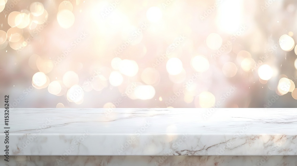 Poster empty white marble tabletop with blurred abstract bokeh light background – ideal for product display