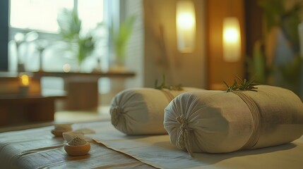 Multiple angles of a serene Thai massage setup with herbal compresses and soft natural light, in 4K resolution