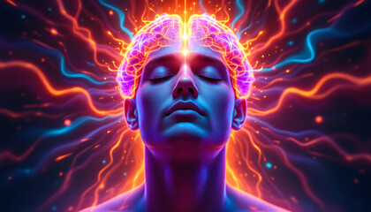 Fototapeta premium A vivid depiction of a meditative person radiating energy, with a glowing third eye and vibrant energy waves emanating, symbolizing enlightenment and mindfulness.