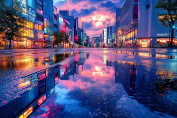Obraz premium City street background in the evening after rain