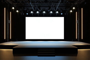 Empty stage with spotlights and Big white screen in backwall