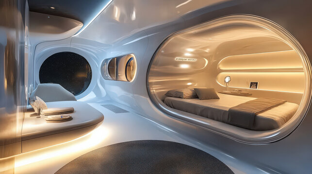 Futuristic hotel room serene space tourism orbital hotel luxury zero gravity relaxation