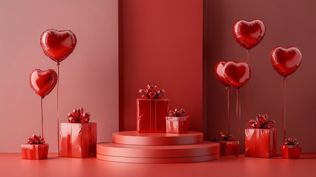 Valentine's Day backdrop display with balloons and gift boxes