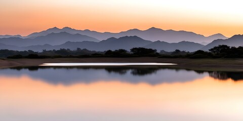 Fototapeta premium A serene landscape at dusk featuring mountains silhouetted against a colorful sky, reflecting in a calm body of water. Concept Serene Dusk Landscape, Mountain Silhouettes, Colorful Sky Reflections