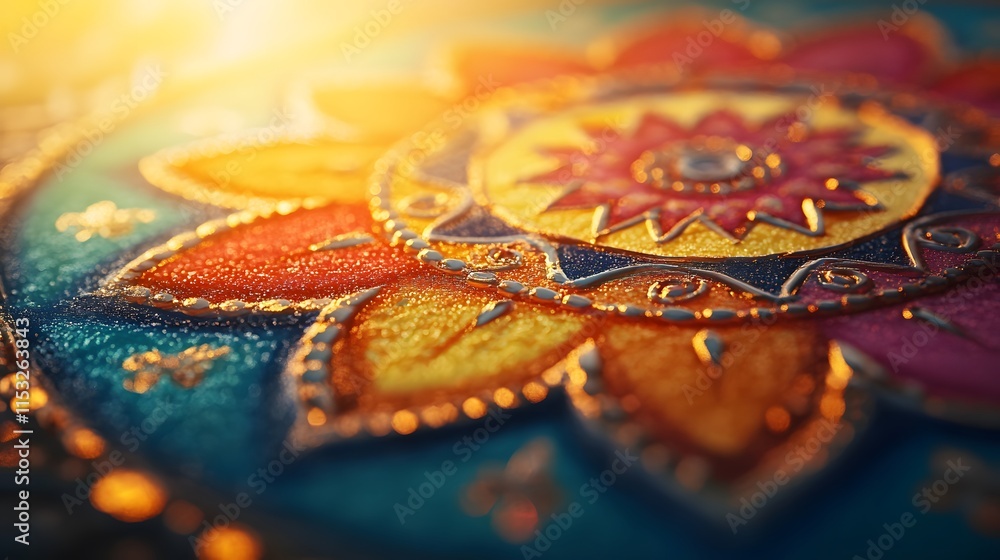 Poster Close-up of a colorful rangoli design with intricate patterns and vibrant hues glowing under soft morning light, in 4K resolution