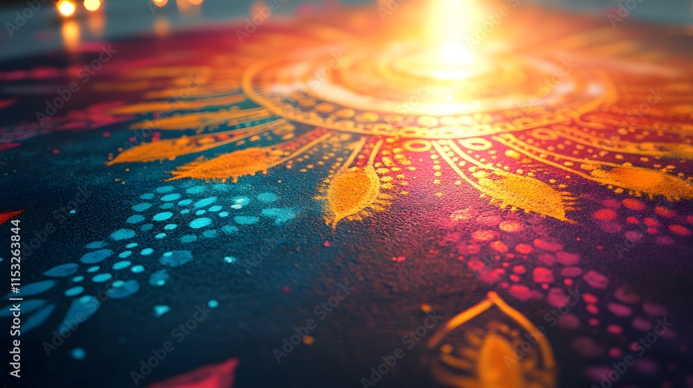 Poster Close-up of a colorful rangoli design with intricate patterns and vibrant hues glowing under soft morning light, in 4K resolution