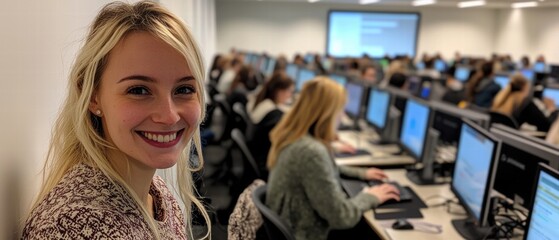 Smiling young woman in a modern classroom filled with students working on computers.