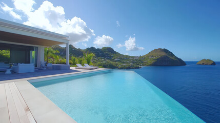 Fototapeta premium Serene luxury villa with infinity pool overlooking ocean blissful escape