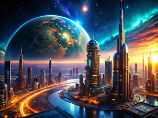 Night Cityscape from Orbit: Alien Planet's Glowing Metropolis