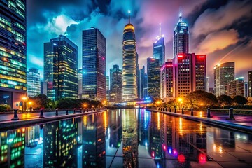 Fototapeta premium Night Cityscape, Illuminated Buildings, Dark Sky, City Lights, Urban Scene