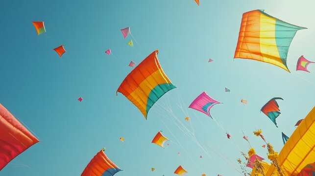 Low-angle shot of the colorful kite festival in Gujarat, with vibrant kites flying against a clear blue sky, in 4K resolution