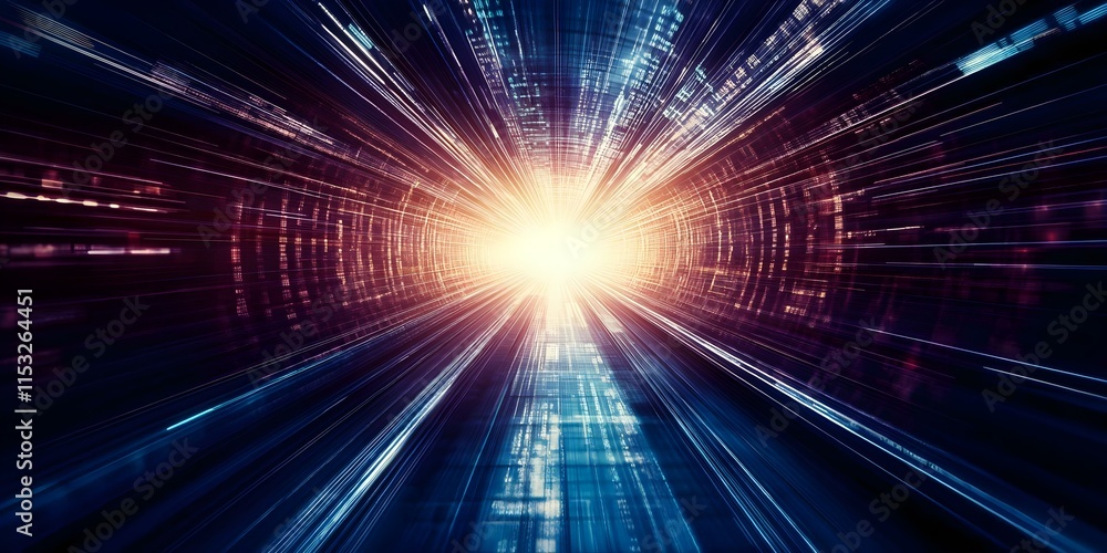 Poster a vibrant, abstract representation of light and motion, suggesting speed and a journey through a tun