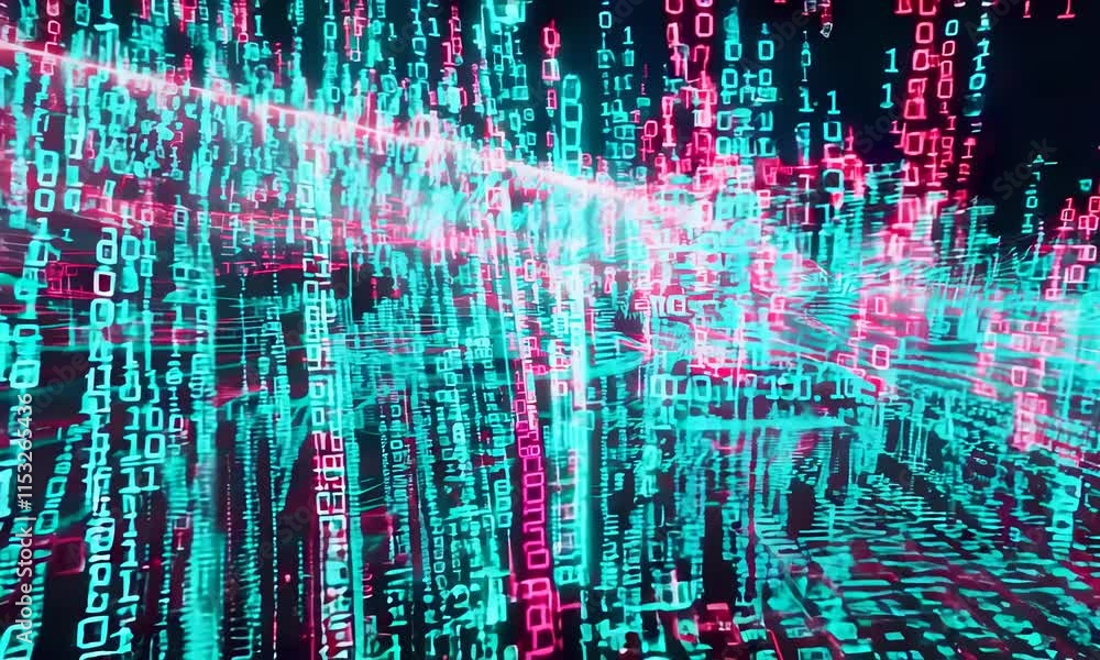 Poster a vibrant digital landscape filled with flowing binary code in shades of blue and pink, creating a s