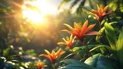 Vibrant Orange Flowers Blooming In Lush Tropical Sunlight