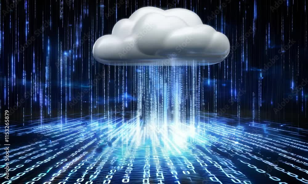 Poster a digital cloud icon raining down binary code on a glowing blue background, symbolizing data transfe