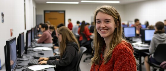 Smiling young Caucasian woman in a computer lab filled with students working.
