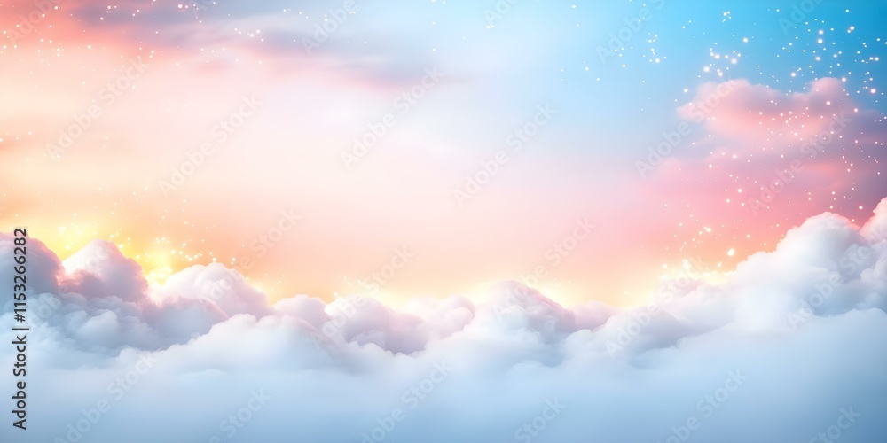 Poster a serene sky scene featuring fluffy clouds with a soft gradient of pastel colors and a hint of spark