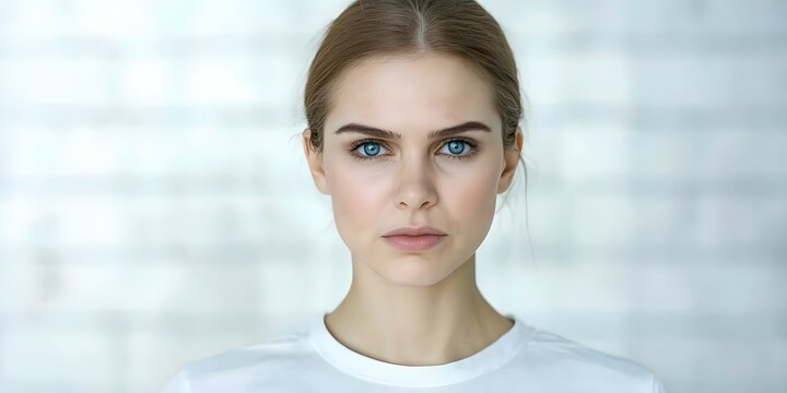 A young woman with blue eyes and long hair, staring directly at the camera against a blurred light background. Concept Portrait of Blue-Eyed Beauty, Natural Light Photography, Captivating Gaze