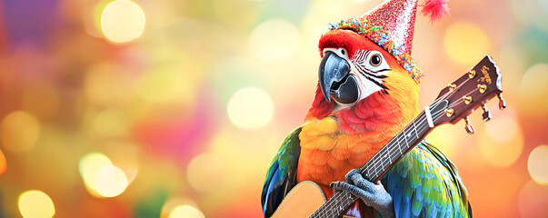 Colorful parrot holding a guitar, wearing a festive party hat.