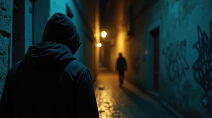Mysterious Nighttime Alleyway Scene With Hooded Figure in Shadowy Urban Setting