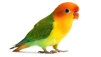 A vibrant green and orange lovebird poses against a white background