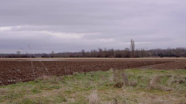 paysage de campagne avec un champ agricole se faisant inond&eacute; en hiver sous un temps maussade
