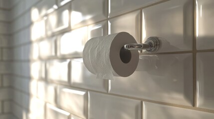 A toilet paper roll hangs from a minimalist holder in a modern, glossy-tiled bathroom. The bright, reflective tiles enhance the clean and sleek design, creating a fresh, well-lit atmosphere.. AI