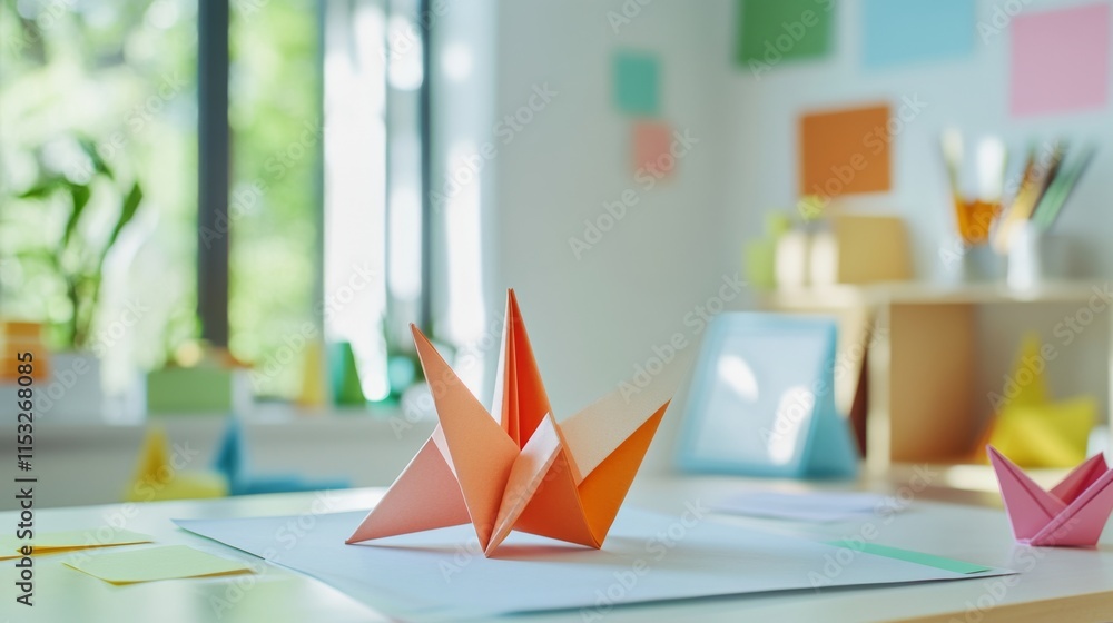 Poster a serene origami workspace with colorful paper and folding instructions neatly arranged on a clean t