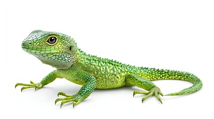 Fototapeta premium A vibrant green lizard poses against a white background