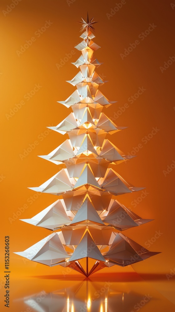 Poster Stylized Christmas tree made by an architect using only geometric shapes. Orange Background.